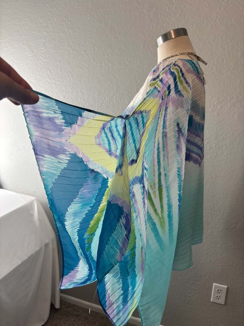 Chico's Abstract Ikat Print Pleated Chiffon Poncho Blouse - Picture 4 of 10